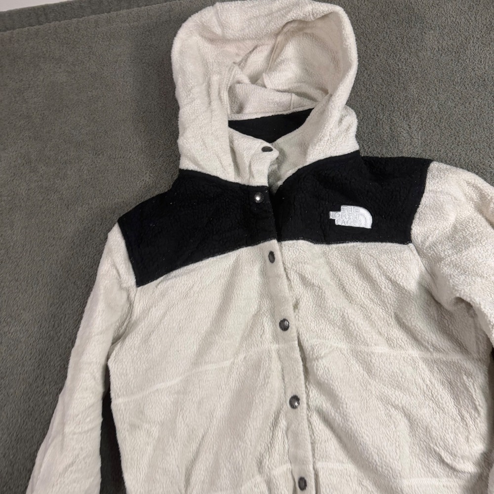 The North Face Womens Sherpa Fleece Hoodie‎ Cream Black Snap Front Jacket M